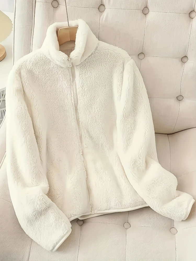 

White Short Women's Faux Fur Jacket Zipper Loose Plush Coats Stand Long Sleeve Furry Jackets Winter Warm Stylish Fluffy Overcoat