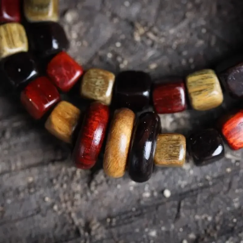 Natural Sugar Bracelet Small Leaf Red Sandalwood Bracelet Ebony Green Sandalwood Square Bead Hand String with Lucky Running Ring