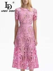 LD LINDA DELLA Summer New Style Runway Designer Dress Women's Round Neck Embossed hollow Flesh color in the lining Splice Dress