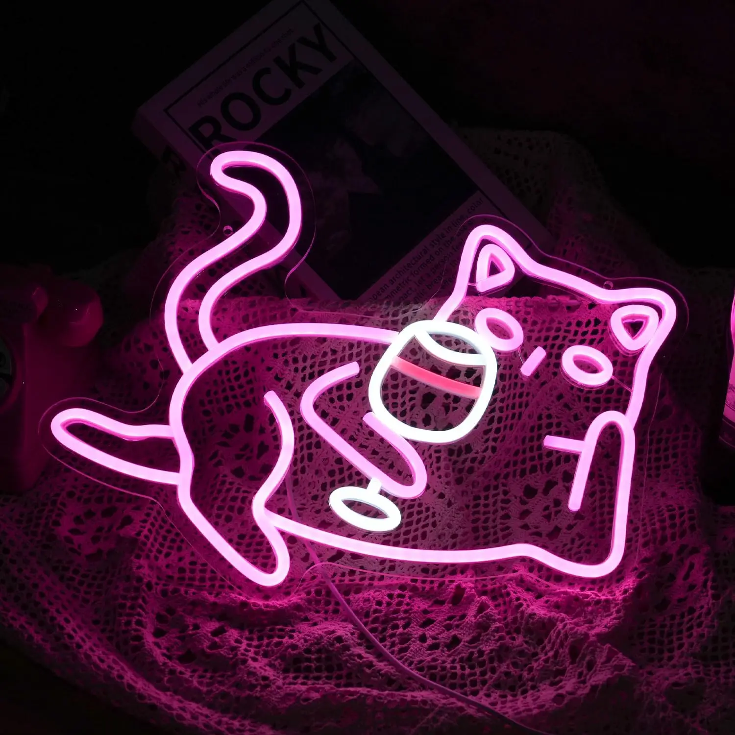 Cat Wine Glasses Neon Sign LED Light Pink Cat for Wall Decor Night Light USB Powered for Bar Living Room Cat Cafe Cat Lover Gift