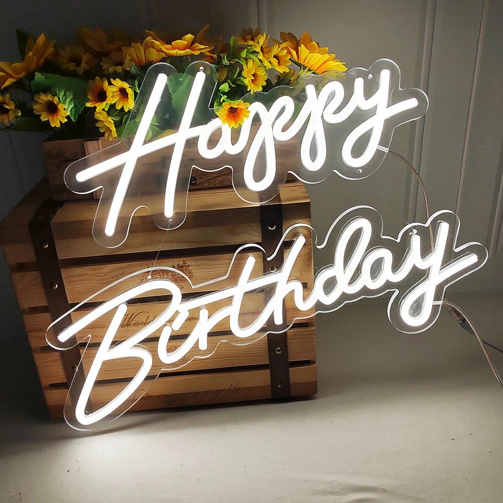 Feliz aniversário sinal de néon 51x40cm festa de aniversário luz led regulável flexível led neon com suporte acrílico transparente luzes de sinal de parede