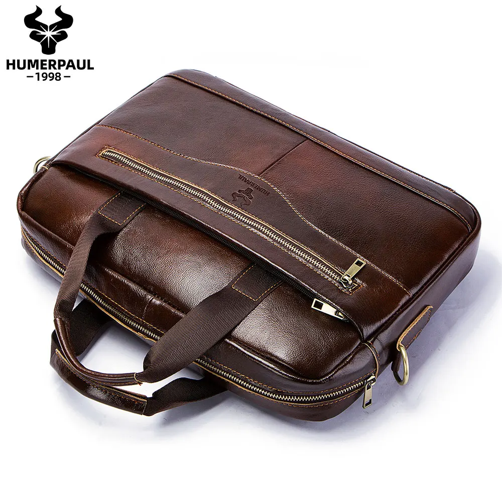 HUMERPAUL Briefcase Men Business Shoulder Messenger Bags Genuine Leather 15\