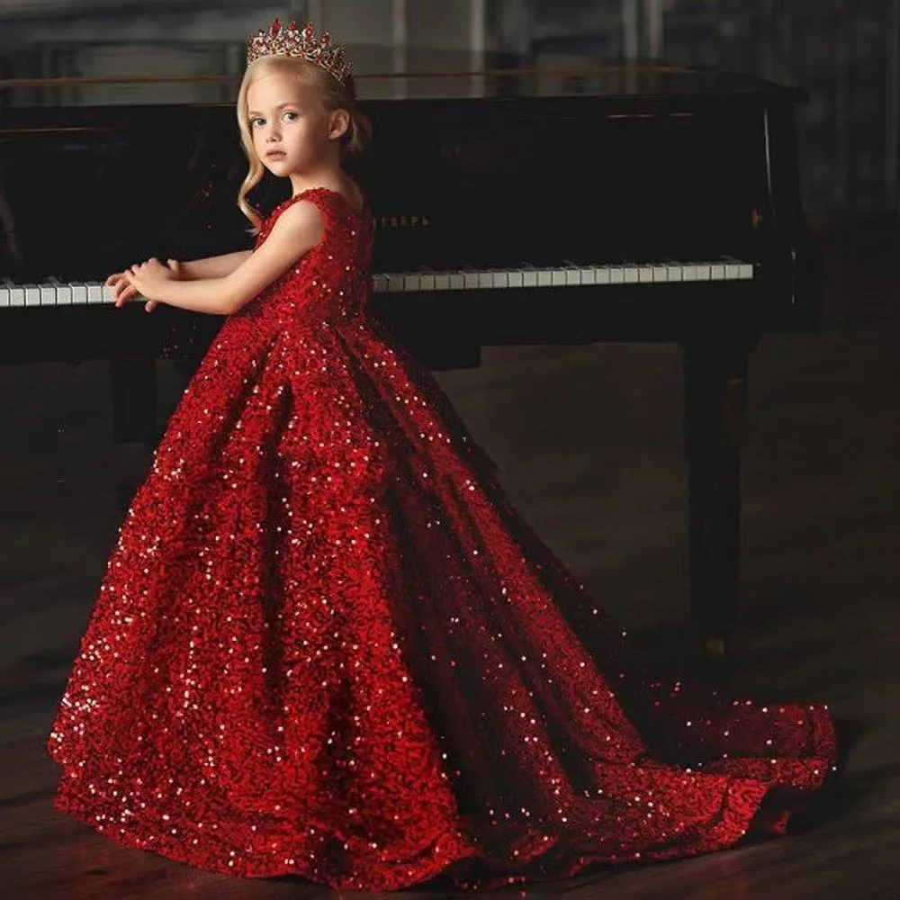 Hot Selling Luxury Ankle Length Wine Red Sequined Kids Party Princess Ball Gown Flower Girls Long Tail Evening Dress