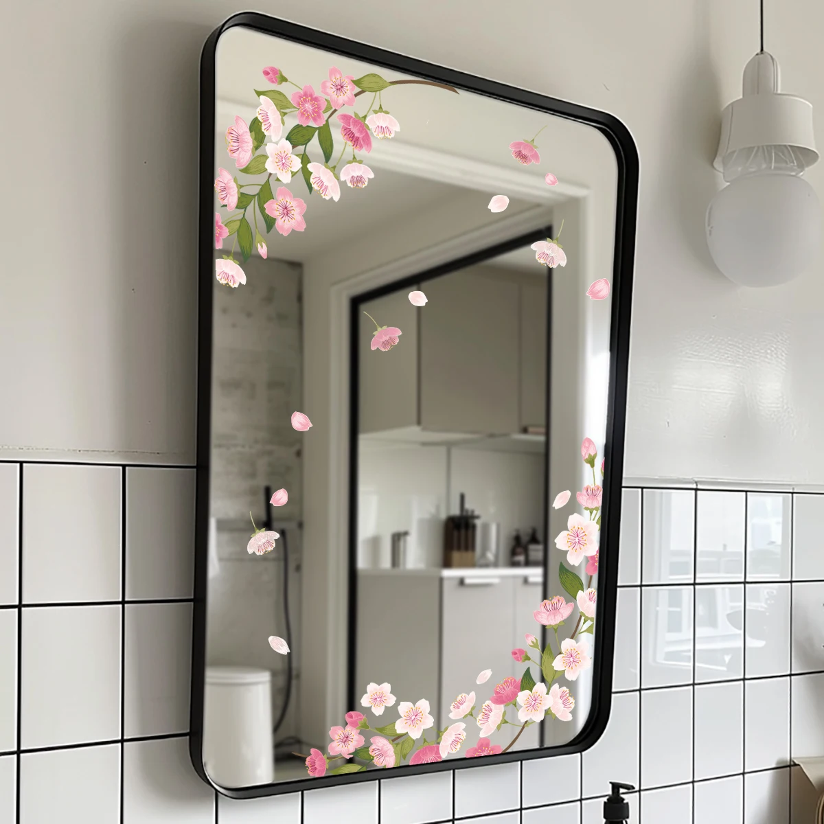 1PC Fresh pink cherry blossom mirror sticker, glass balcony, refrigerator, bedroom, shopping mall, home decoration sticker