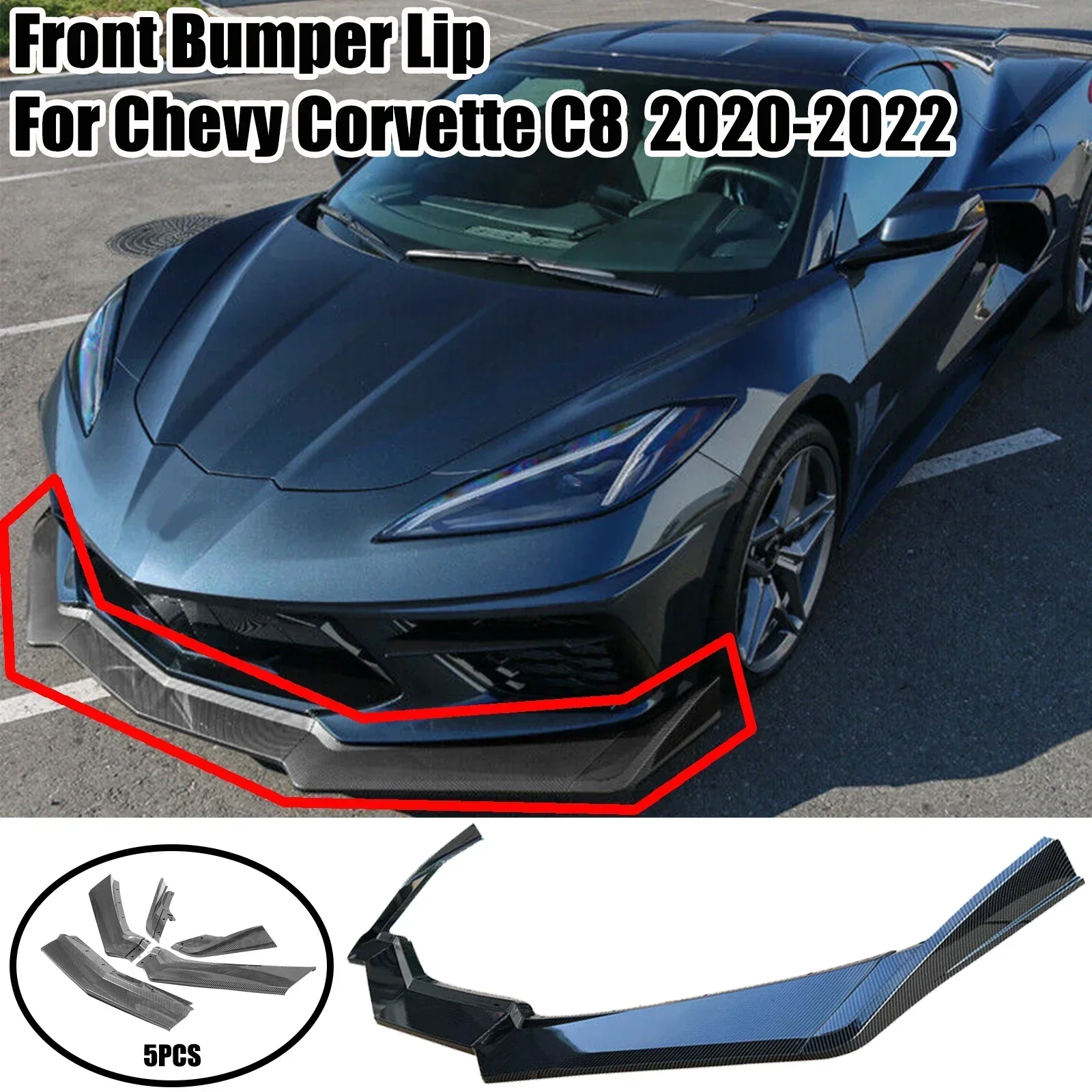 

Car Front Bumper Lip For Chevy Corvette C8 2020-2022 5PCS Carbon Fiber Style Glossy Black Spoiler Splitter Auto Accessoires
