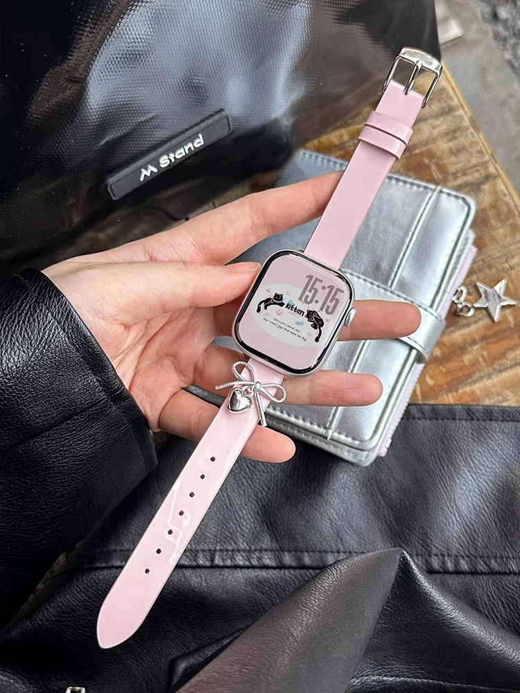 Глянцевый кожаный ремешок Y2K для iWatch Ultra 3 11 10 9 8 7 6 5 Se, браслет с бантом для Apple Watch 40 мм, 41 мм, 42 мм, 44 мм, 45 мм, 46 мм, 49 мм