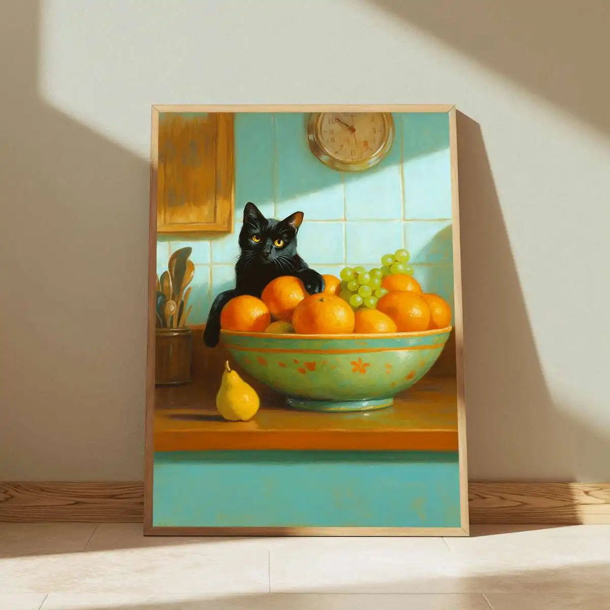 Vintage Oil Painting Black Cat Fruits Canvas Poster Wall Art,2D Print Wall Decor,Aesthetic Home Gift