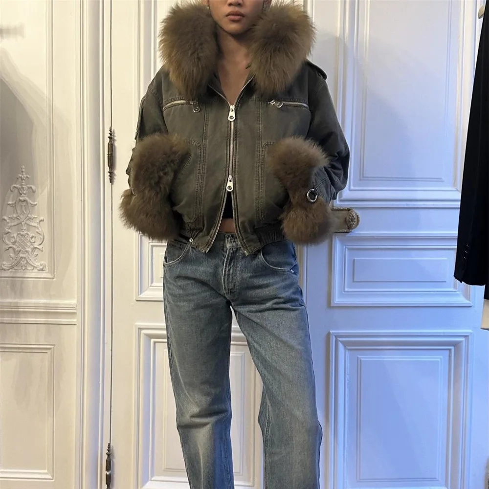 

Зимняя женская куртка 2025 года, воротник из 100% шерсти, мотоциклетный стиль, женская куртка на хлопковой подкладке, новинка Y2K, высококачественный бюстгальтер-пальто