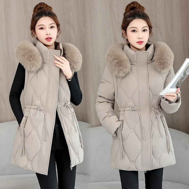 Removable Sleeve Cotton Clothes Women Mid Long Winter Jacket 2025New Fashion Waist Thicke Warm Cotton-padded Jacket Female Parka