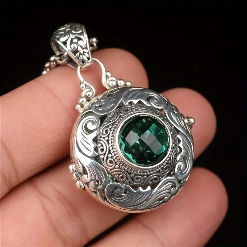 Vintage Silver Color Wave Pattern Locket Paired with Green Zircon Necklace, Women's Banquet Party Jewelry Accessories Gift