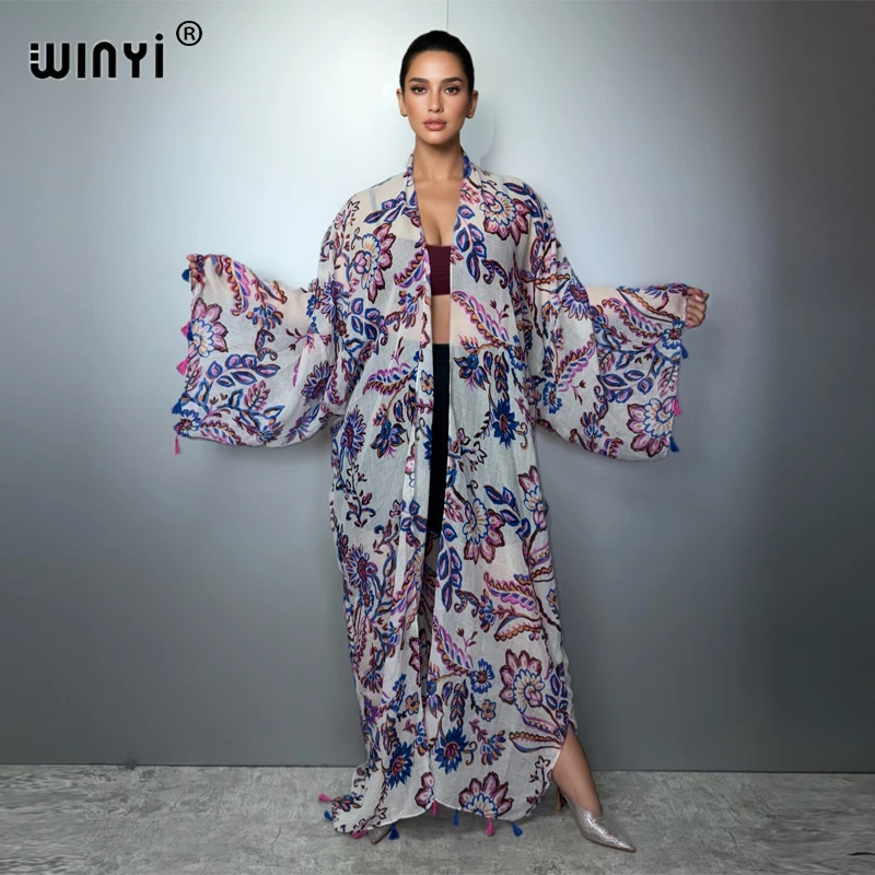 

WINYI Summer Kimono Print Long Sleeve Cardigan Muslim Women's Abaya Boho Cover-Up Dress Kaftan Luxury Dubai Style