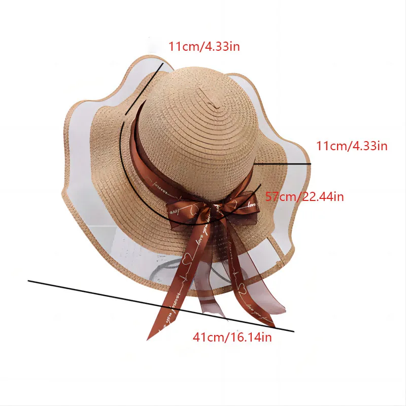 1pc Large brim bow fluttering beach hat for women, summer outdoor sunscreen fashion round top straw hat