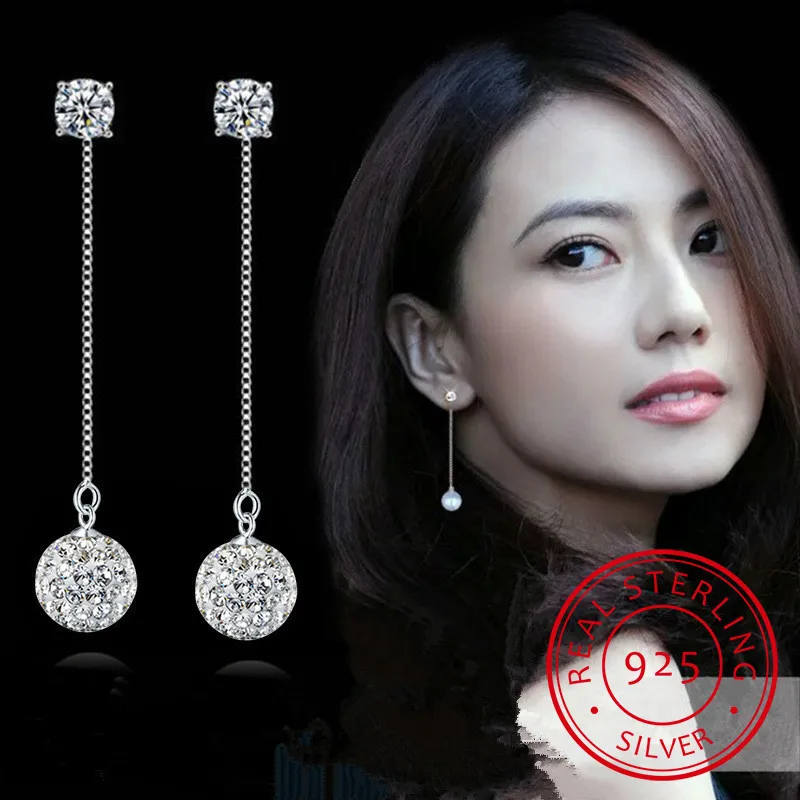 

Свадебные украшения из стерлингового серебра 925, хрустальные шары, длинные серьги-капли с кисточками для женщин, ювелирные изделия Boucle D'oreille Oorbellen