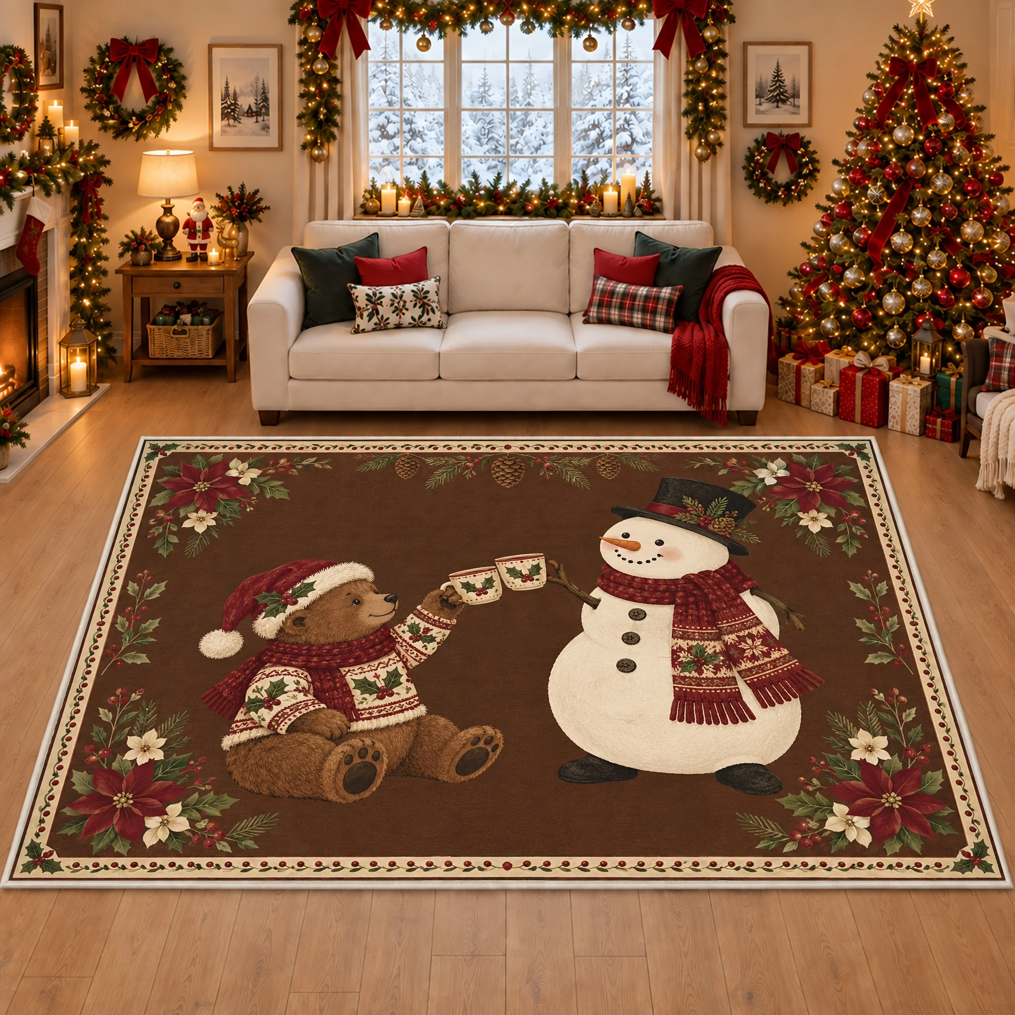 1pc Christmas Bear And Snowman Toasting Area Rug, 2D Flat Print, Indoor Floor Mat for Living Room, Xmas Home Decor