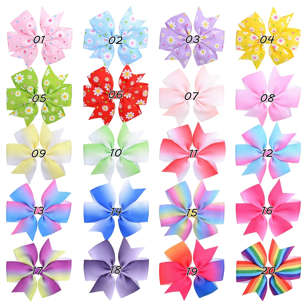 3.2 Inches Grosgrain Ribbon Boutique Gradient Color Hair Bows With Clip for Girl Kids Handmade Pinwheel Rainbows Bow Accessories