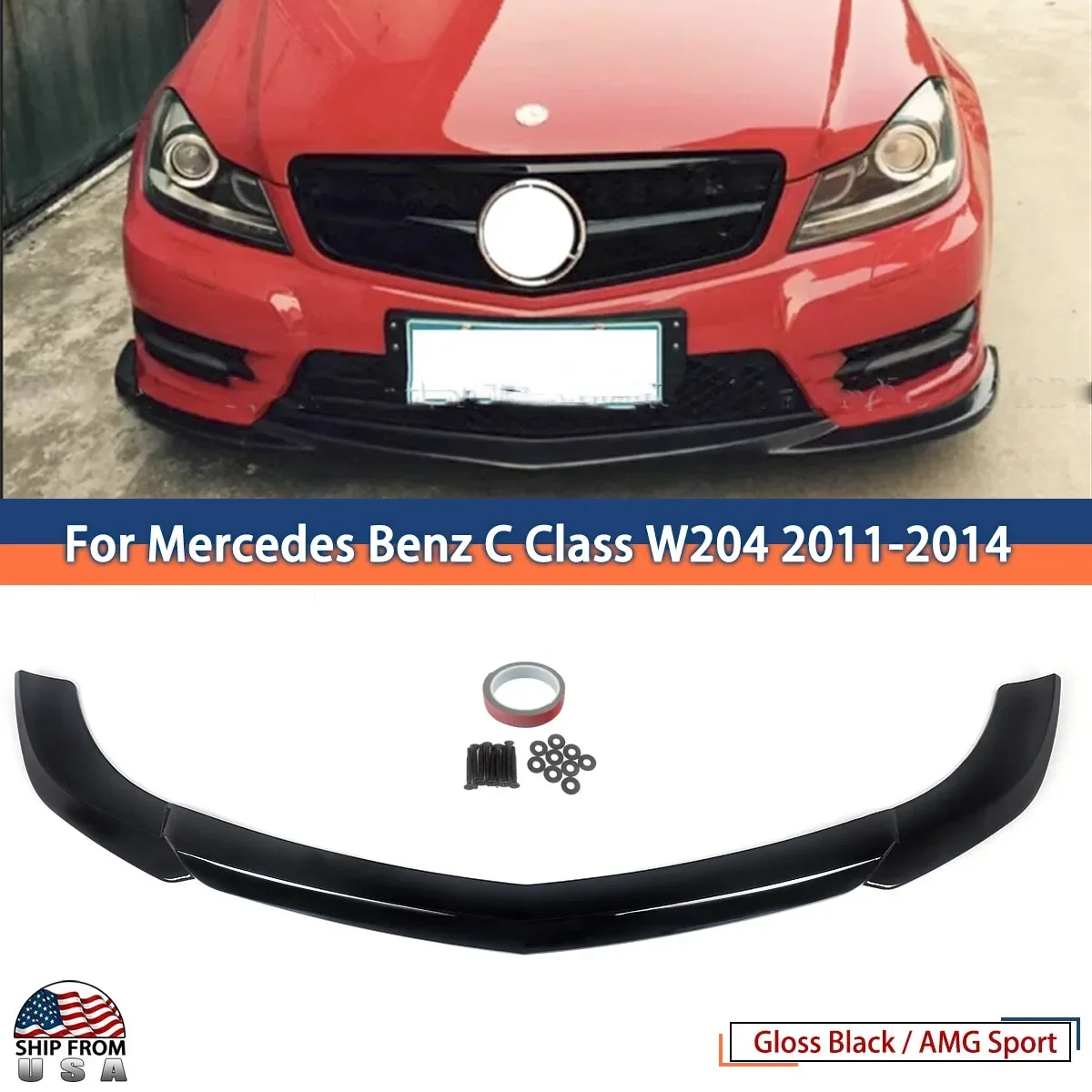 Gloss Black Front Bumper Splitter For Mercedes C Class W204 2011-2014 AMG Sport