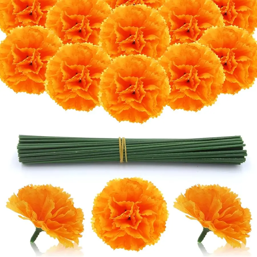 

200 Pcs Marigold Flower Heads Bulk, Silk Marigold Heads with Stems Artificial Marigold Flowers for Diwali Home Decor DIY Marigol