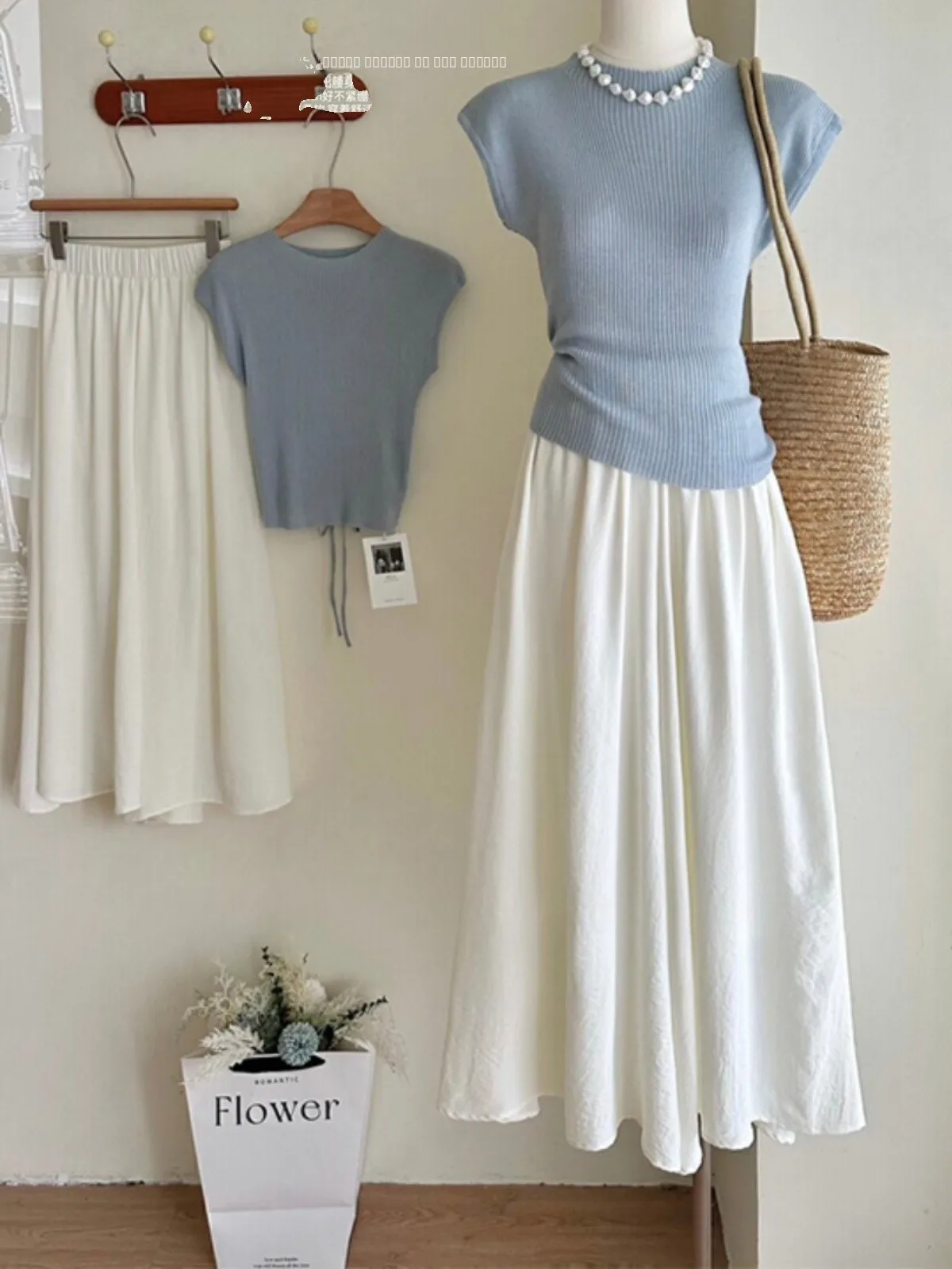 

Женский летний комплект: тонкий вязаный топ с завязками на талии и рукавами-крылышками, юбка-трапеция и брюки, корейский стиль, для офиса, с коротким рукавом