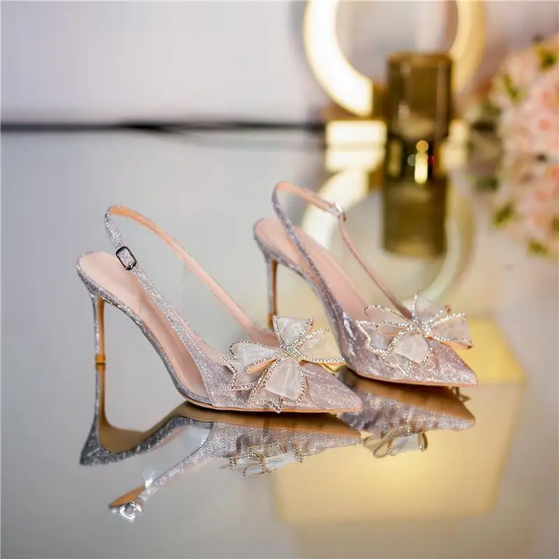 Footwear Closed Sandals for Women Thin Heels Ladies Shoes Stiletto Summer 2024 Diamond Bow Silver Rhinestones Pointed Toe Sandal