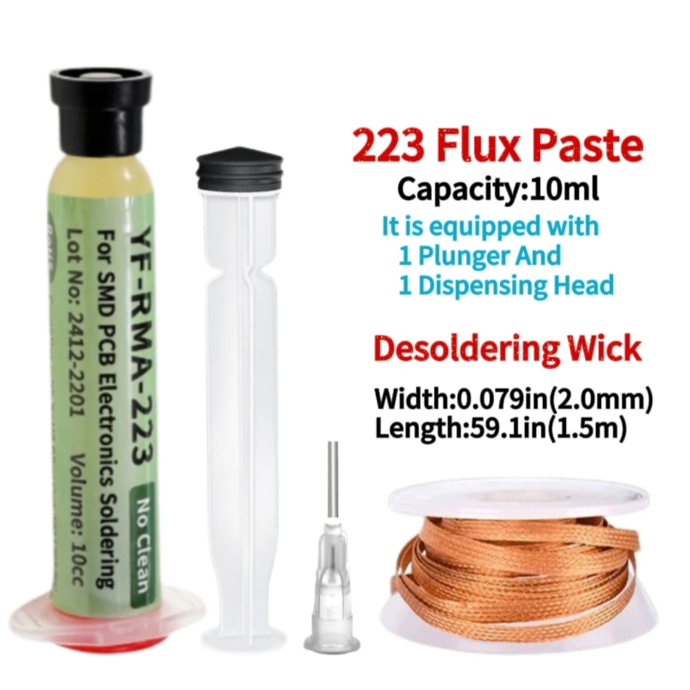 Image of 1,5 m Entlötflechtband + RMA-223 Flussmittelspritzen-Set, Lötzinnentferner-Drahtset für die Reparatur und Nachbearbeitung von elektronischen Leiterplattenkomponenten