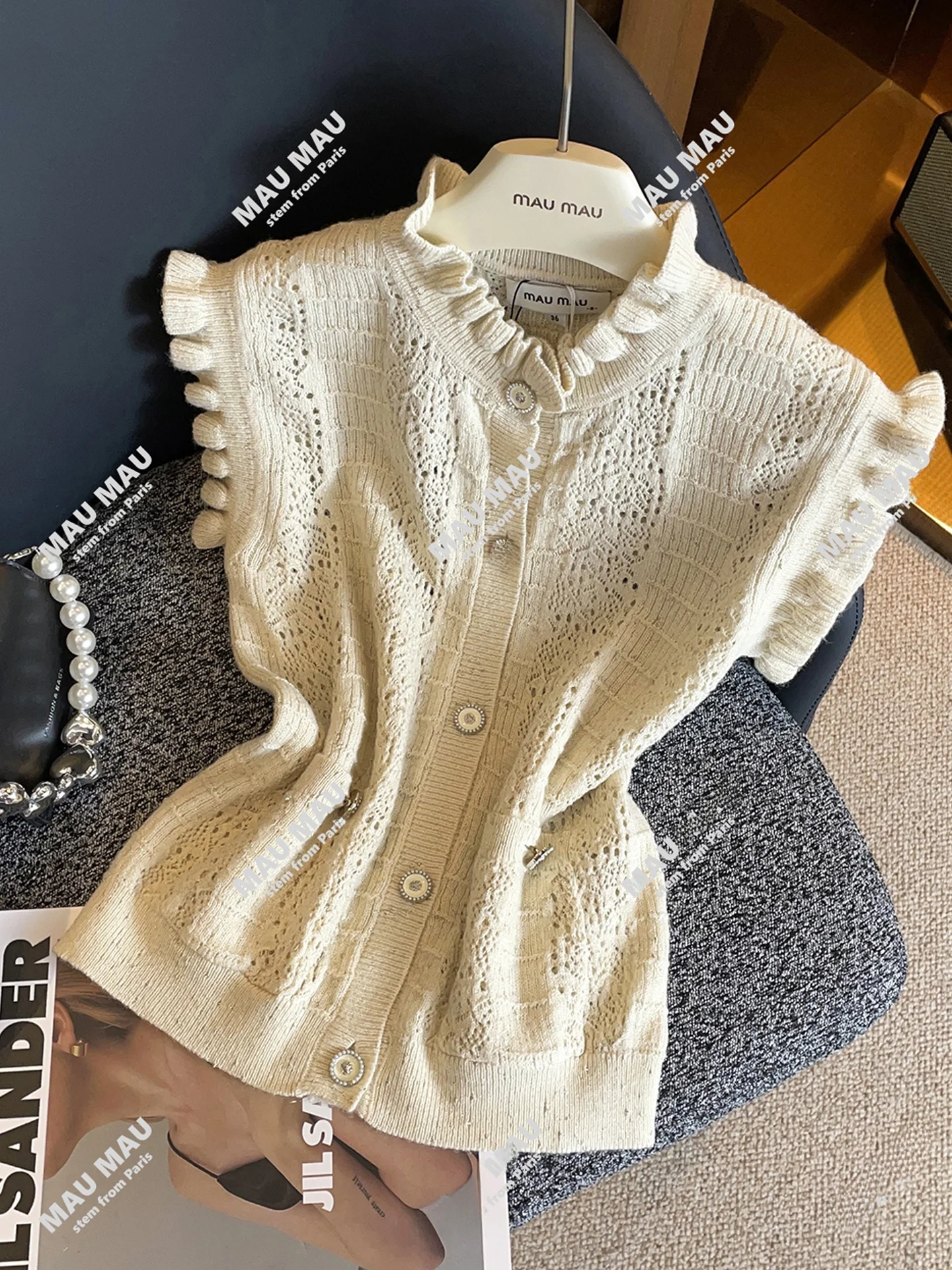 

High-End Women's Knitted Open Cardigan with Hollow out Hook Flowers And Wooden Bows in Commuter Sle for Autumn Season
