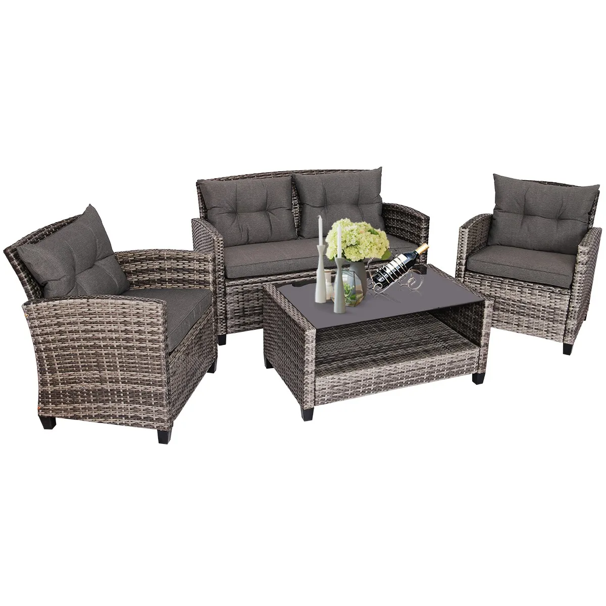 

4PCS Patio Rattan Furniture Set Coffee Table Cushioned Sofa Garden Lawn Grey