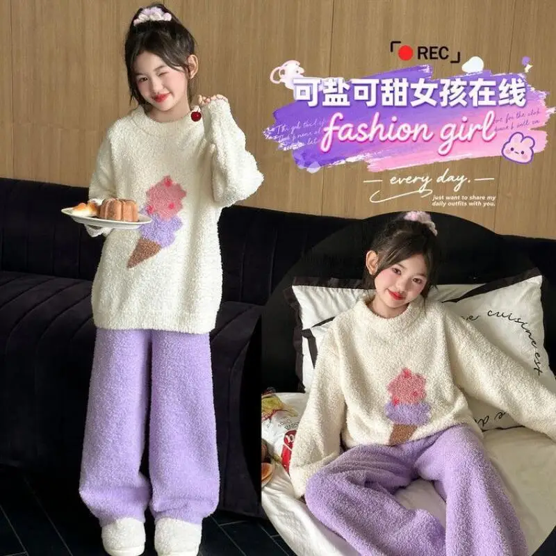 Kawaii فتاة موضة بيجامة مجموعة طالب الشتاء الدفء عادية الفانيلا رشاقته القمم السراويل الطويلة 2 قطعة مجموعة ملابس الأطفال #1