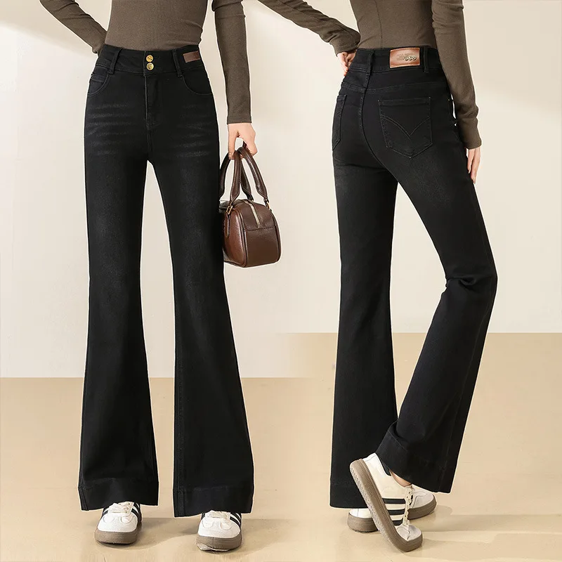 

Черные расклешенные джинсы для женщин, осенние новые облегающие модные повседневные брюки с высокой талией для миниатюрных женщин