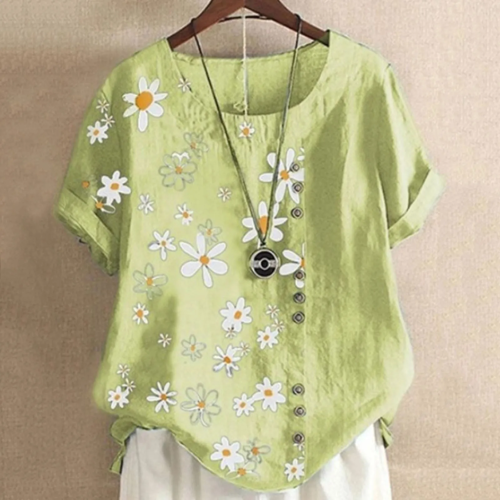 Summer Plus Size Linen Daisy Print Short Sleeve Blouses For Women Cotton Linen Tee Shirts O-Neck Loose Pullover Top Lady Clothes