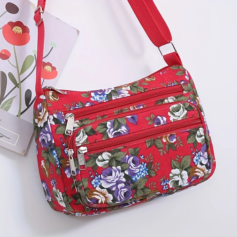 Stylish Floral Crossbody Bag, Multi Zip Casual Shoulder Purse with Adjustable Strap Wallets, for Everyday Outdoor Shoulder Bags view 4