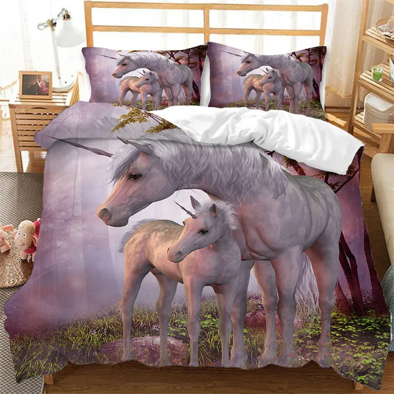 Cute Unicorn Duvet Cover Microfiber Forest White Unicorn Horse Comforter Cover Flying Horse Bedding Set King Full For Girls Teen