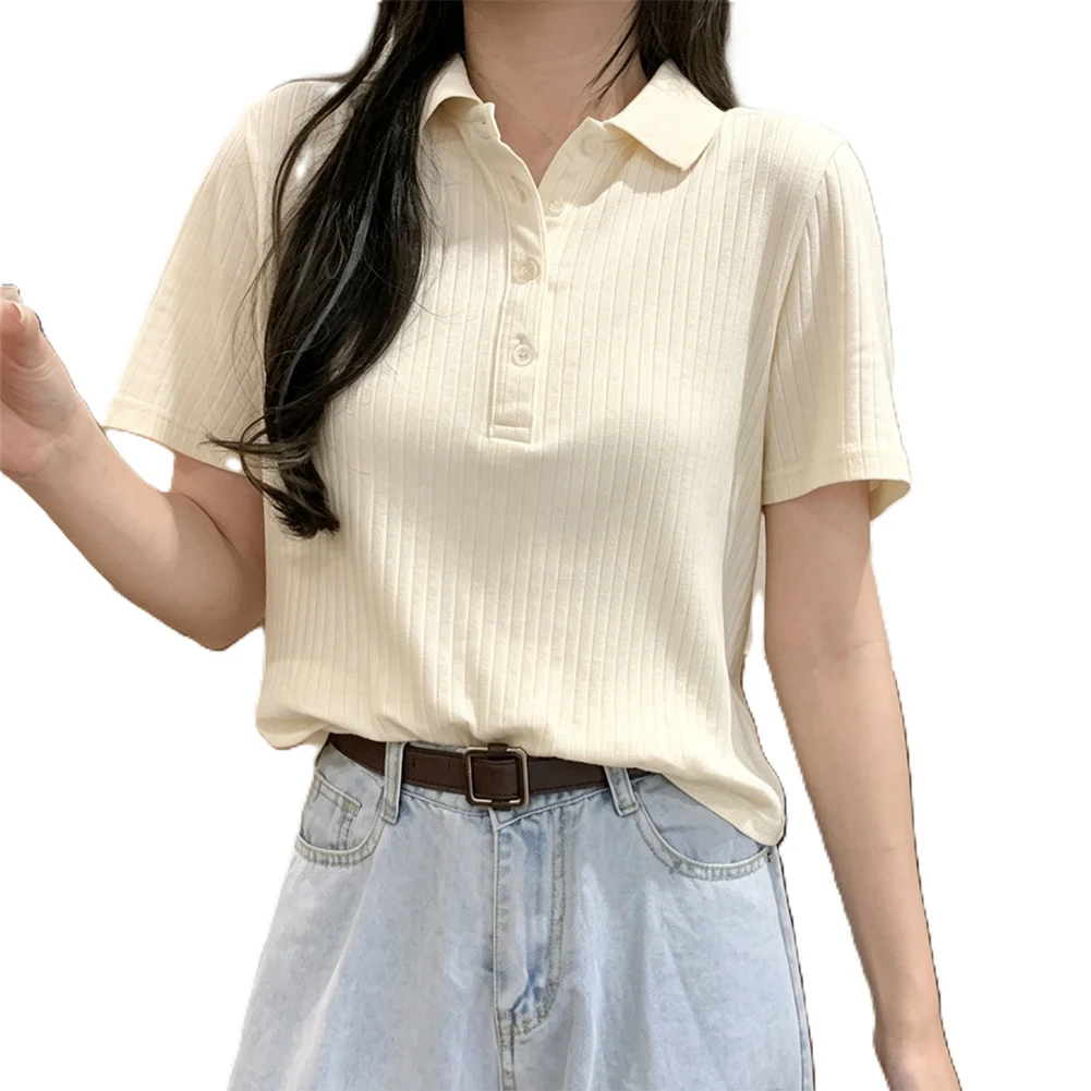 Loose for Fit Solid Color T Shirt for Women Short Sleeve Polyester Lapel Collar Base For Top for Vacation Home and Daily Life