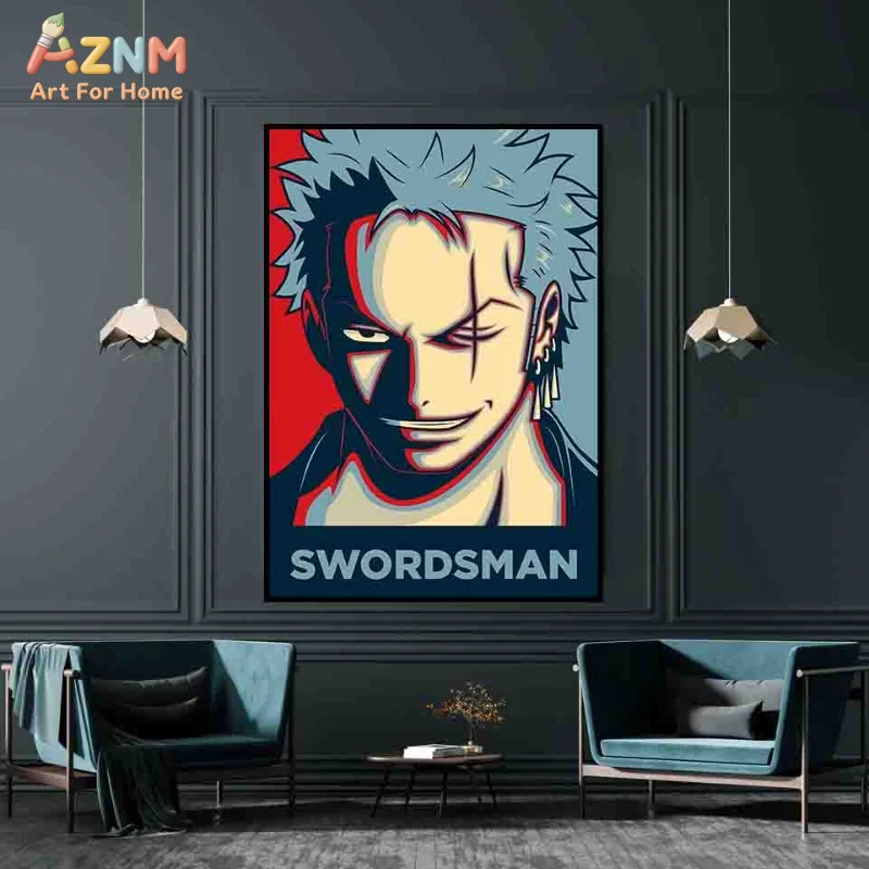 AZNM One Piece Monkey D Luffy Captain Pop Art Anime Frameless Canvas Wall Art, Retro Minimalist Manga Home Living Room Decor Pai