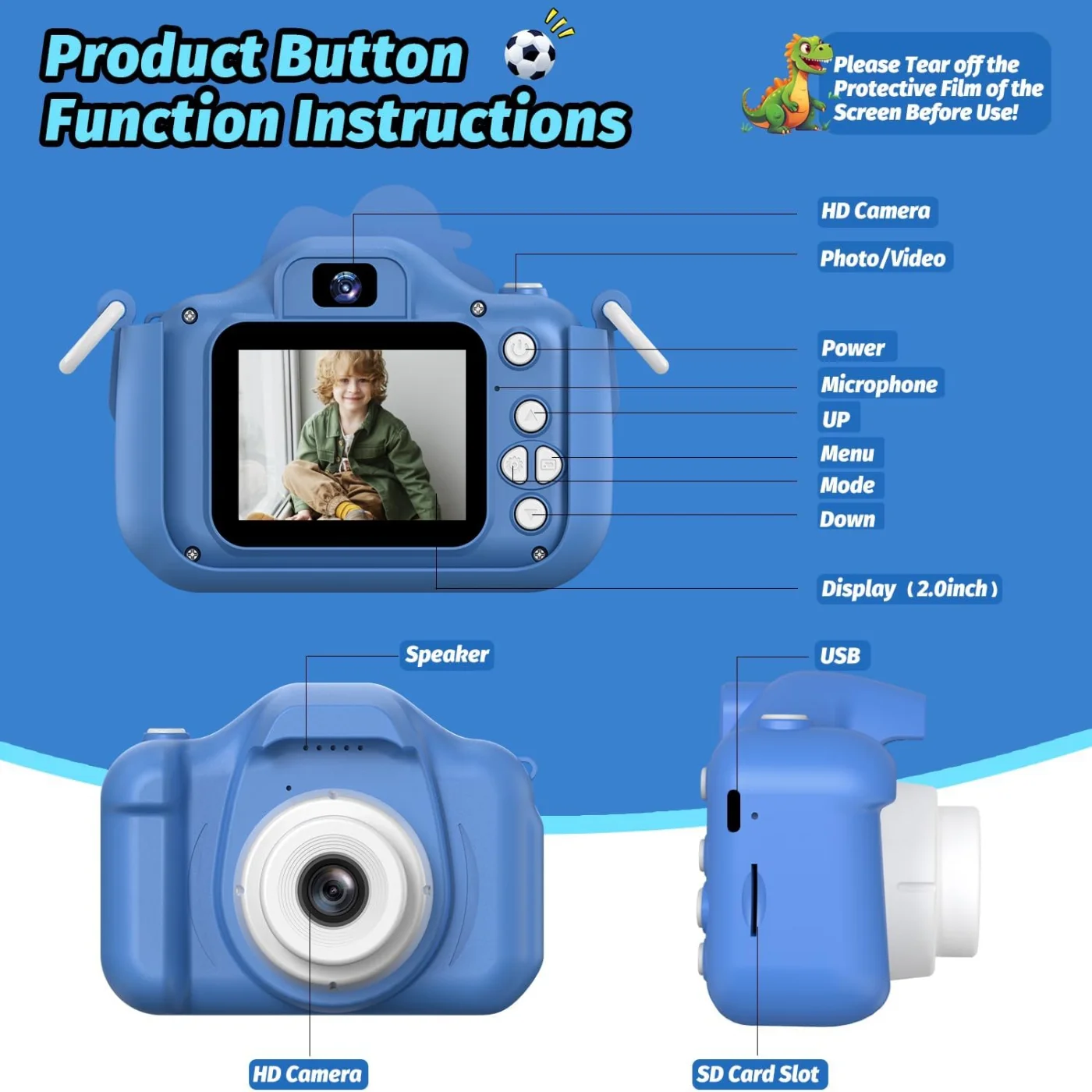 กล้องดิจิตอลสำหรับเด็กพร้อมการ์ด 32G ของเล่นเด็กผู้หญิง 1080P HD หน้าจอการ์ตูนไดโนเสาร์กล้องถ่ายภาพวิดีโอของขวัญวันเกิดคริสต์มาส