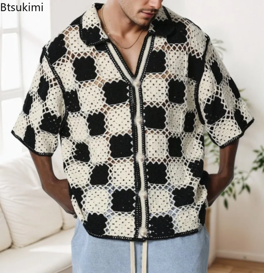 Chic Vintage Hook Flower Hollow Out Shirts for Men 2026 Summer Loose Short Sleeve Casual Cardigans Men Streetwear Knitwear Tops