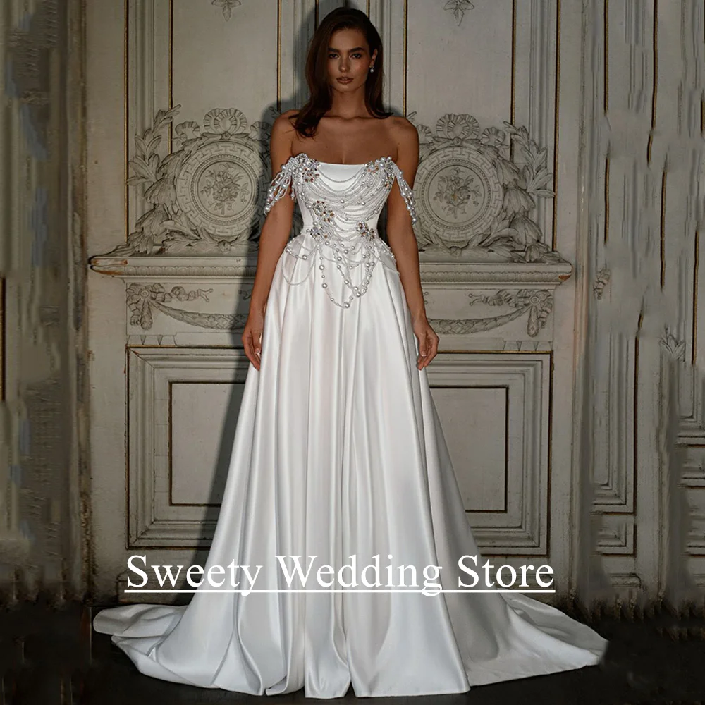 فستان زفاف لؤلؤي للعروس جديد مخصص بدون أكتاف بدون حمالات كريستال سويب تراين مشد فستان زفاف فيستدو نويفا