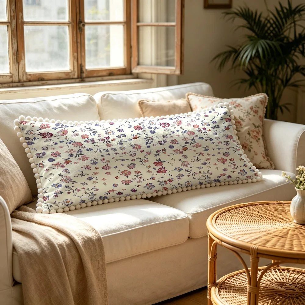 1PC Nude Pink Background with Blue White Small Wildflowers and Branches, Fresh Watercolor Floral Long Pillow Cover with Pom Po