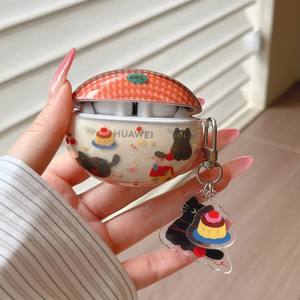 Ins Grid Black Cat Cake Keychain Earphone Case For Huawei FreeClip 2 Case for FreeBuds 6i SE2 SE3 Soft Cute Protective Cover - view 4