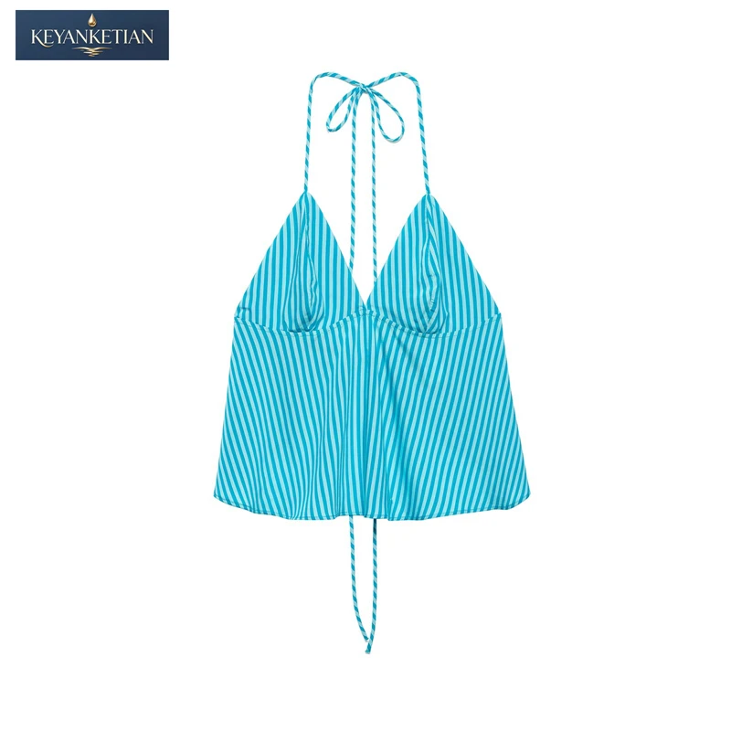 KEYANKETIAN 2026 Resort Striped Halter Blouse Ladies Triangle Neck Tie Back Flared Hem Lightweight Casual Daily Top Vest