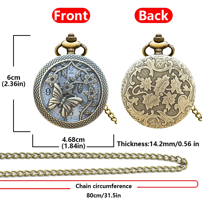 Vintage Bronze Steampunk Butterfly Cutout Engraving Quartz Pocket Watch Necklace Pendant Clock Chain Men Women Chain Gift