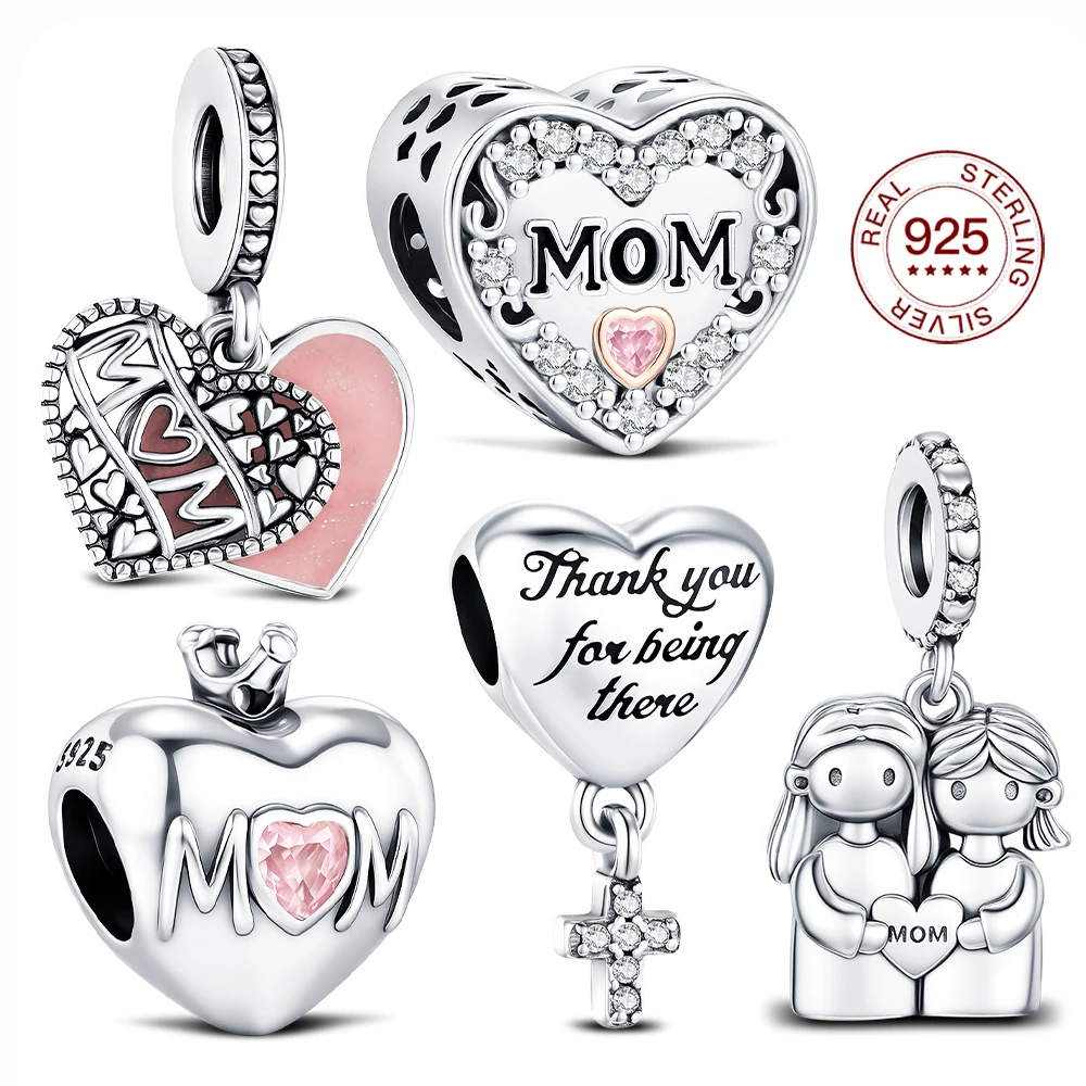 Sweet 925 Sterling Silver Love You Mom Hearts Charm Annual Mom Pendant Fit Original Bracelet For Women Necklace Fine Jewelry