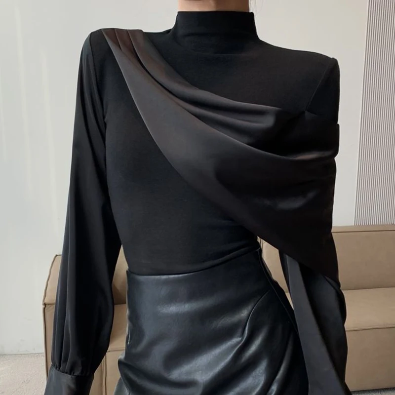 

French black stitching design long-sleeved shirt women's spring and autumn new fashion luxury temperament niche Joker casual top