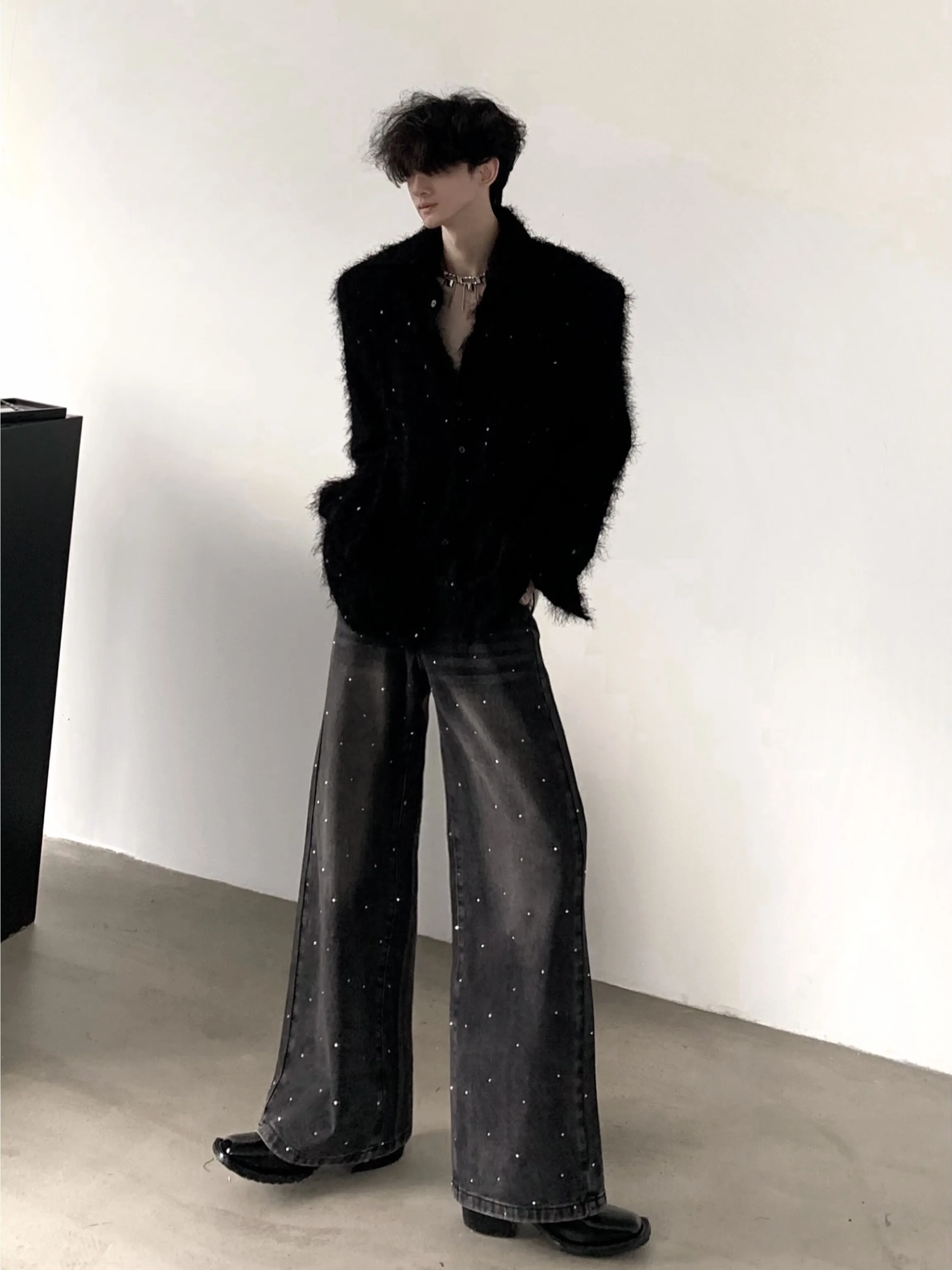 Autumn Mountain Wind Men's Shirt Shoulder Pad Sequin Little Fragrance Style Loose Fit Youthful Trendy Long Sleeve Sharp Collar