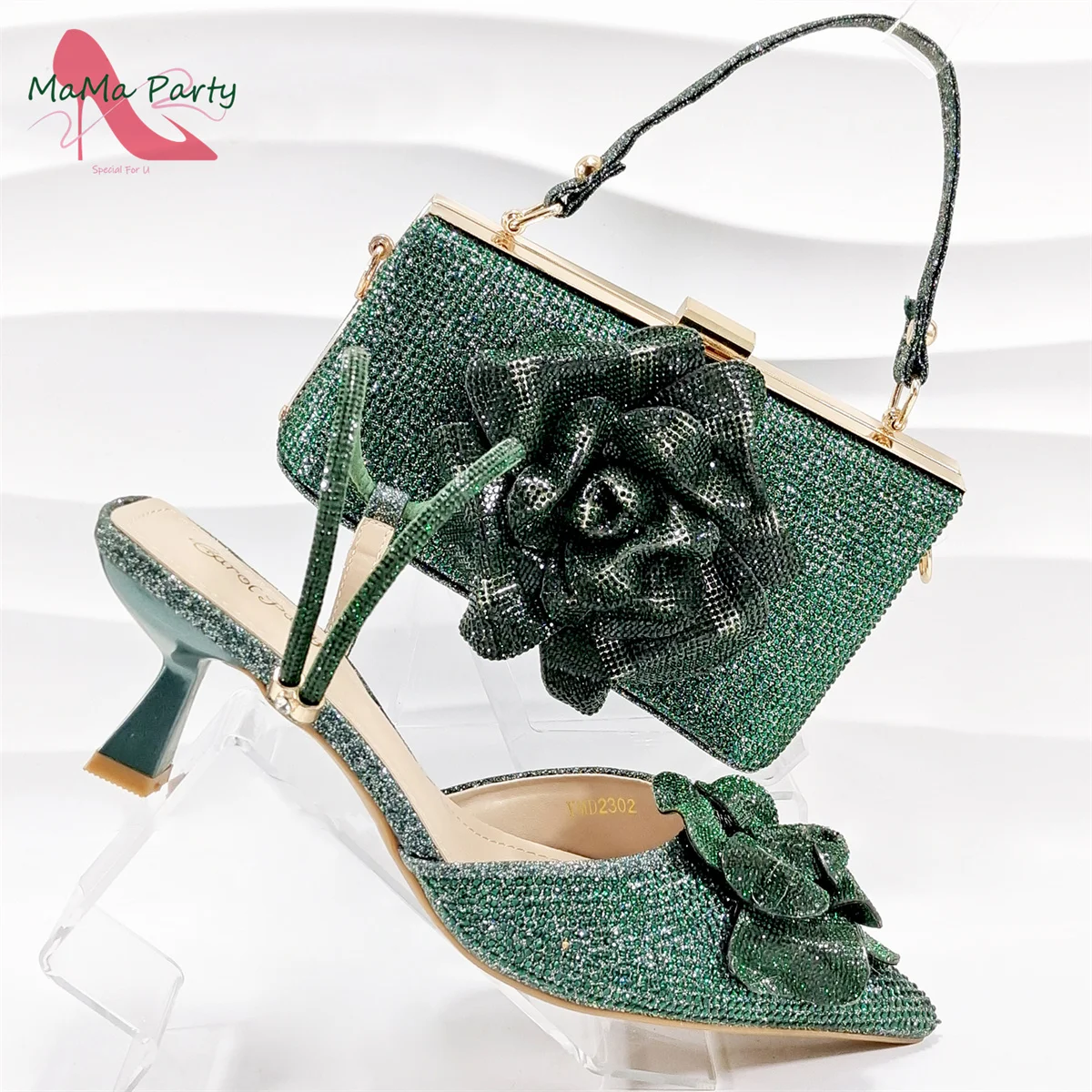 2025 Leisure Style New Arrivals Appliques with Shinning Crystal Italian Shoes and Bag Set in Green Color for Wedding