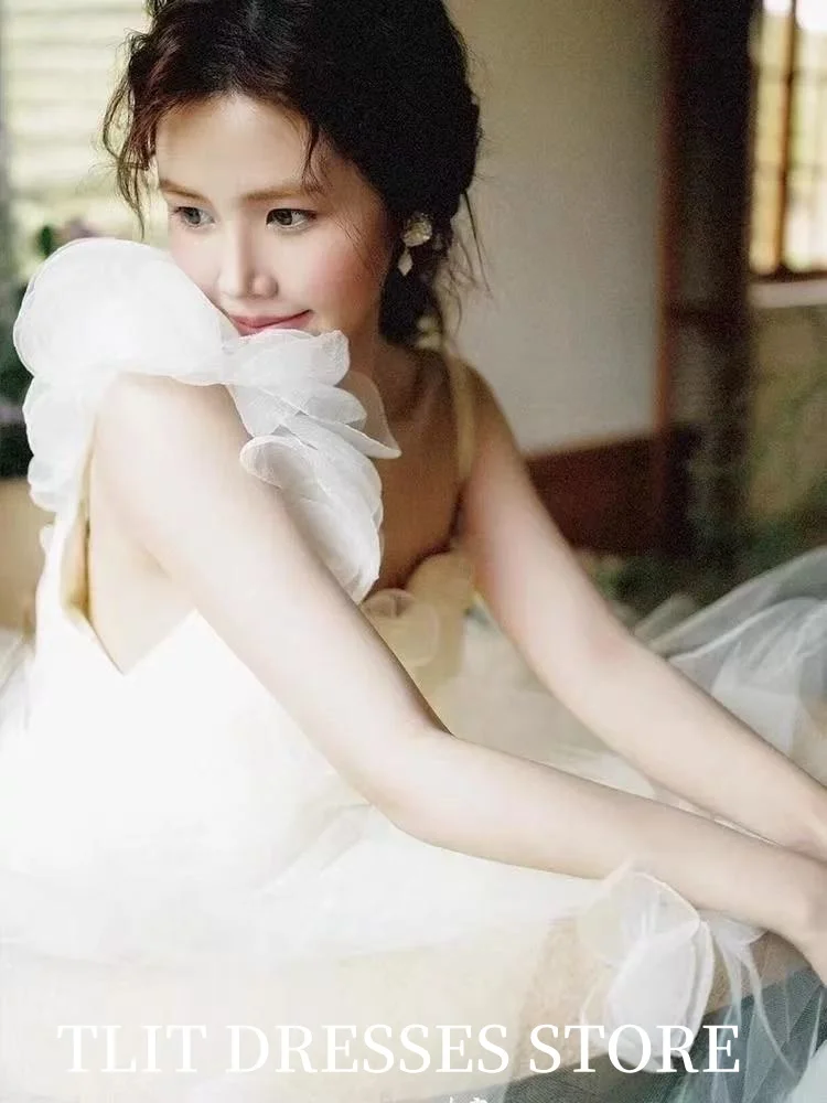 TLIT Fairy Ivory Tulle Evening Dresses Appliques Flowers Square Collar Gowns Customized Korea Wedding Dress Photo Shoot  웨딩드레스