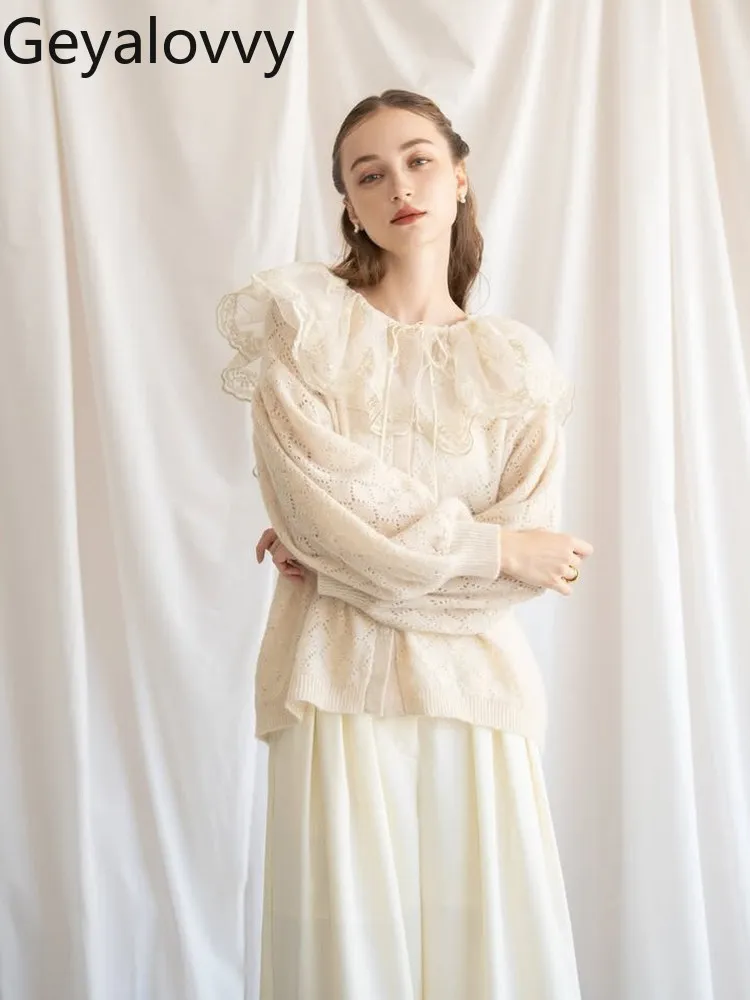 

Japanese Style 2026 New Hollow Knit Jacket Sweet Girls Versatile Heavy Embroidery Ruffled Collar Long Sleeve Cardigan Coat