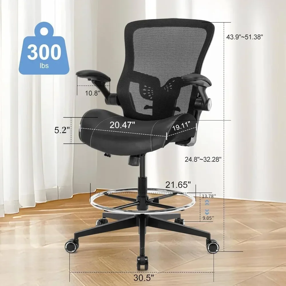 Tall Office Chair with Flip-up Armrests, Standing Desk Chair Counter Height with Footrest and Adjustable Lumbar Support