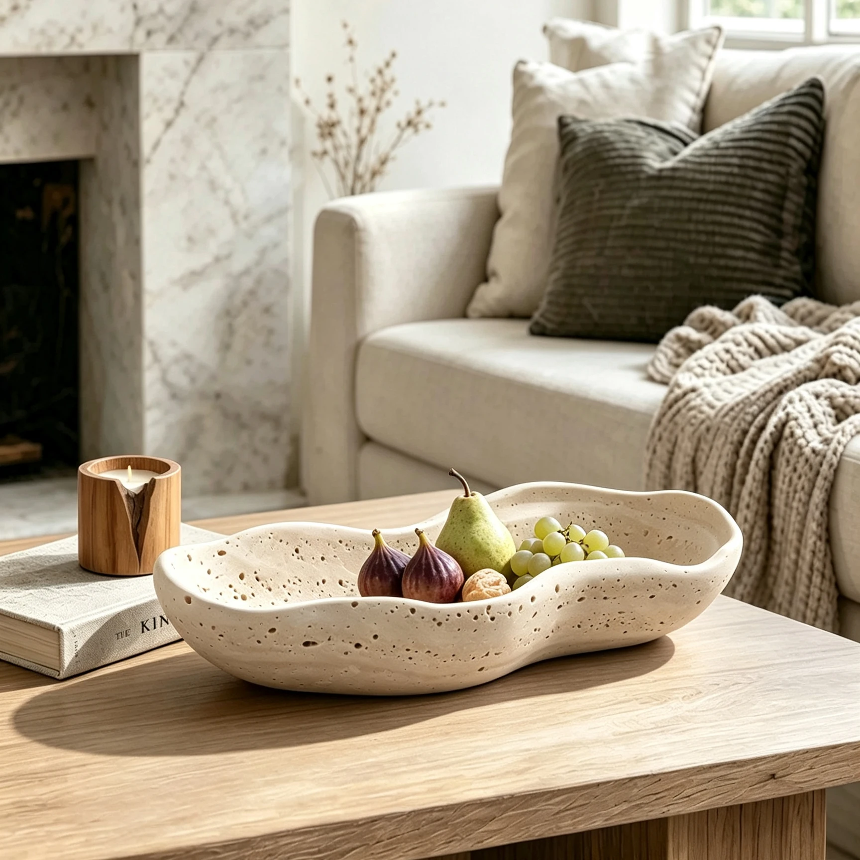 Irregular Travertine Serving Tray Natural Stone Fruit Bowl Wabi Sabi Home Decor Tabletop Storage Dish for Living Room