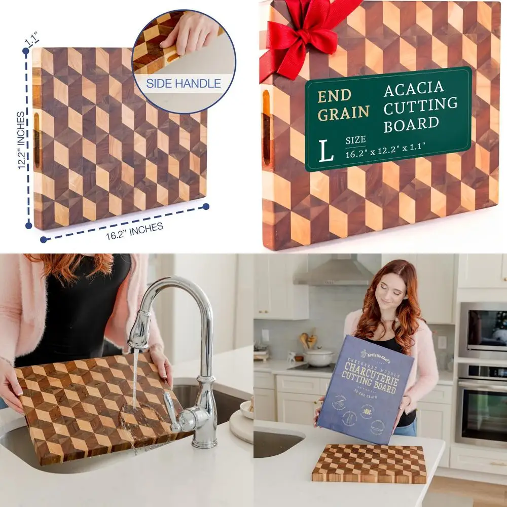 

Reversible Acacia Wood End Grain Cutting Board - Large Checkered Butcher Block with Handles for Kitchen Prep and Serving Charcut