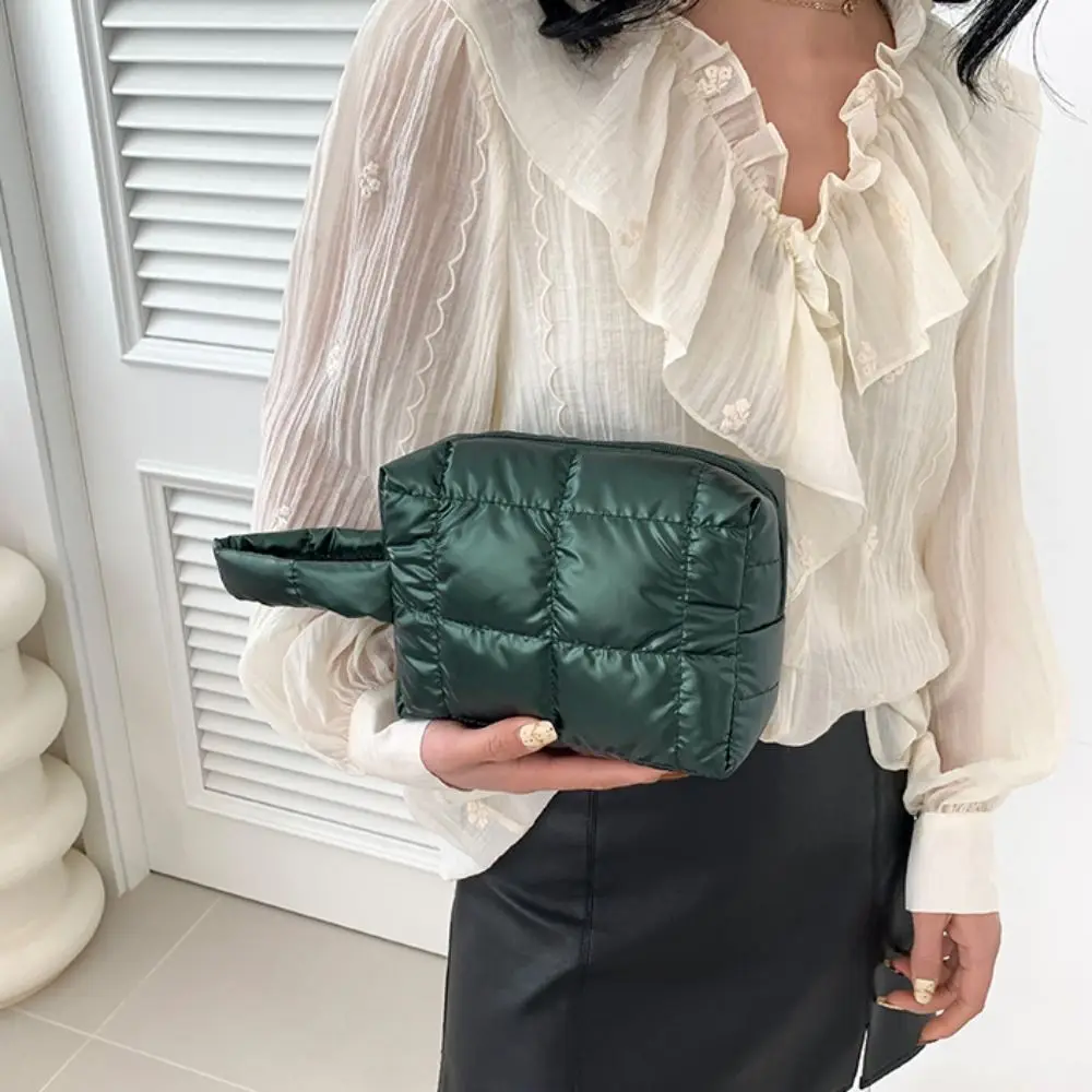 Soft Solid Color Puffer Handbag Quilted PU Leather Padded Makeup Bag Square Korean Style Plaid Clutch Bag Work